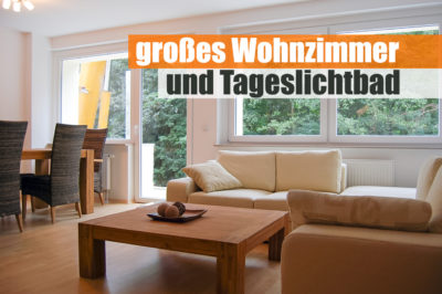 großes Wohnzimmer und Tageslichtbad